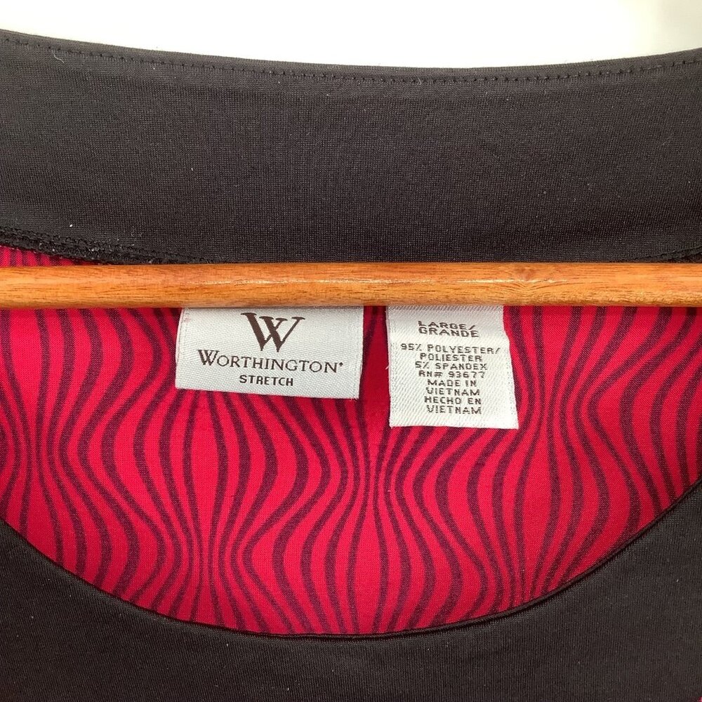 Worthington Women's Large Fuchsia Black Wavy Geometric Keyhole Stretch Top - Picture 3 of 5